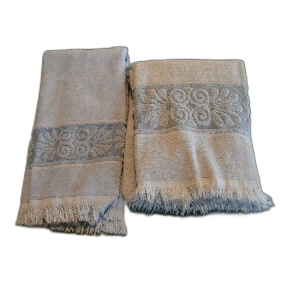 Vintage Cannon Monticello Blue Bath Towel & Hand Towel Set Fringe USA